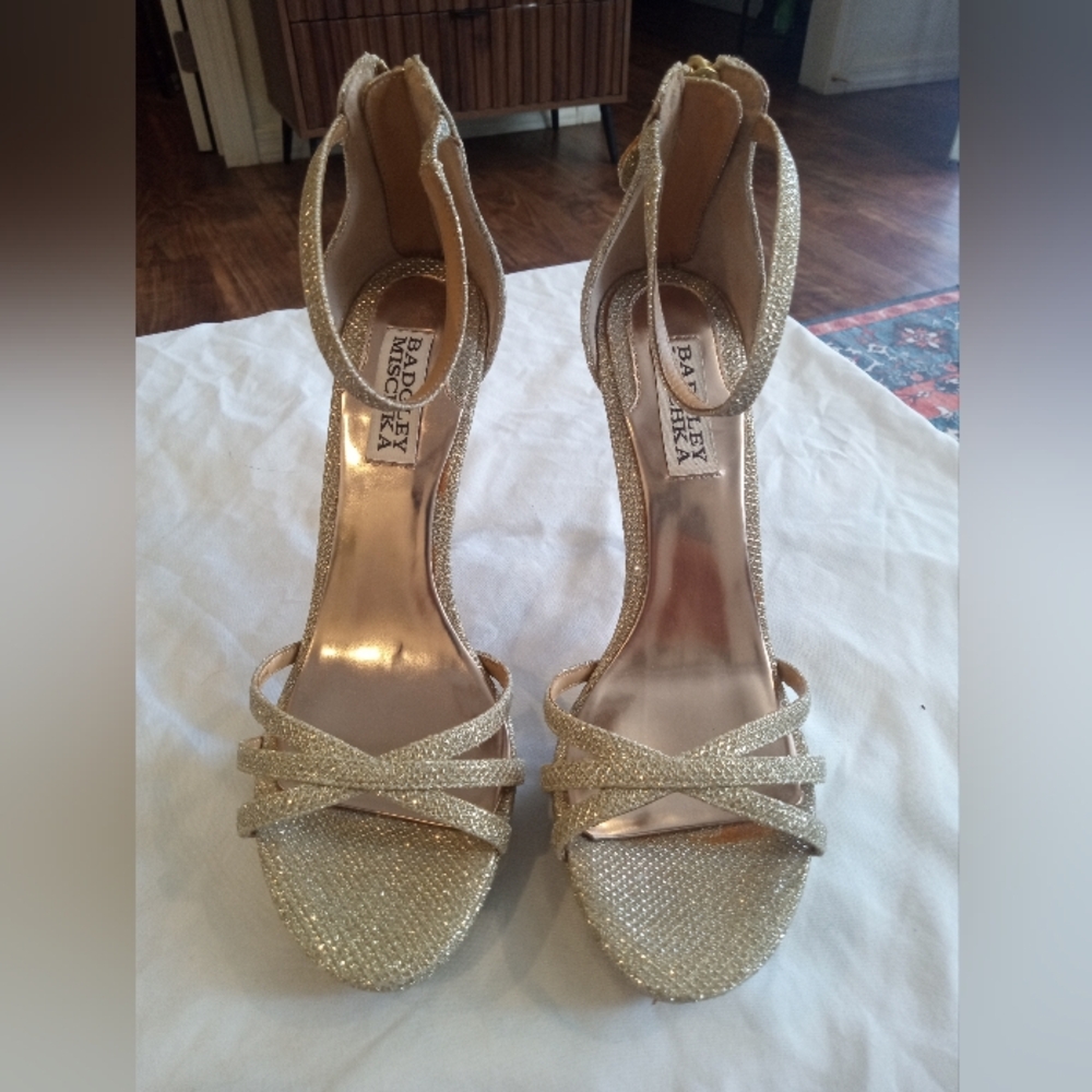 Badgley Mischka Glittery Gold Crisscross Ankle-Strap Heels
